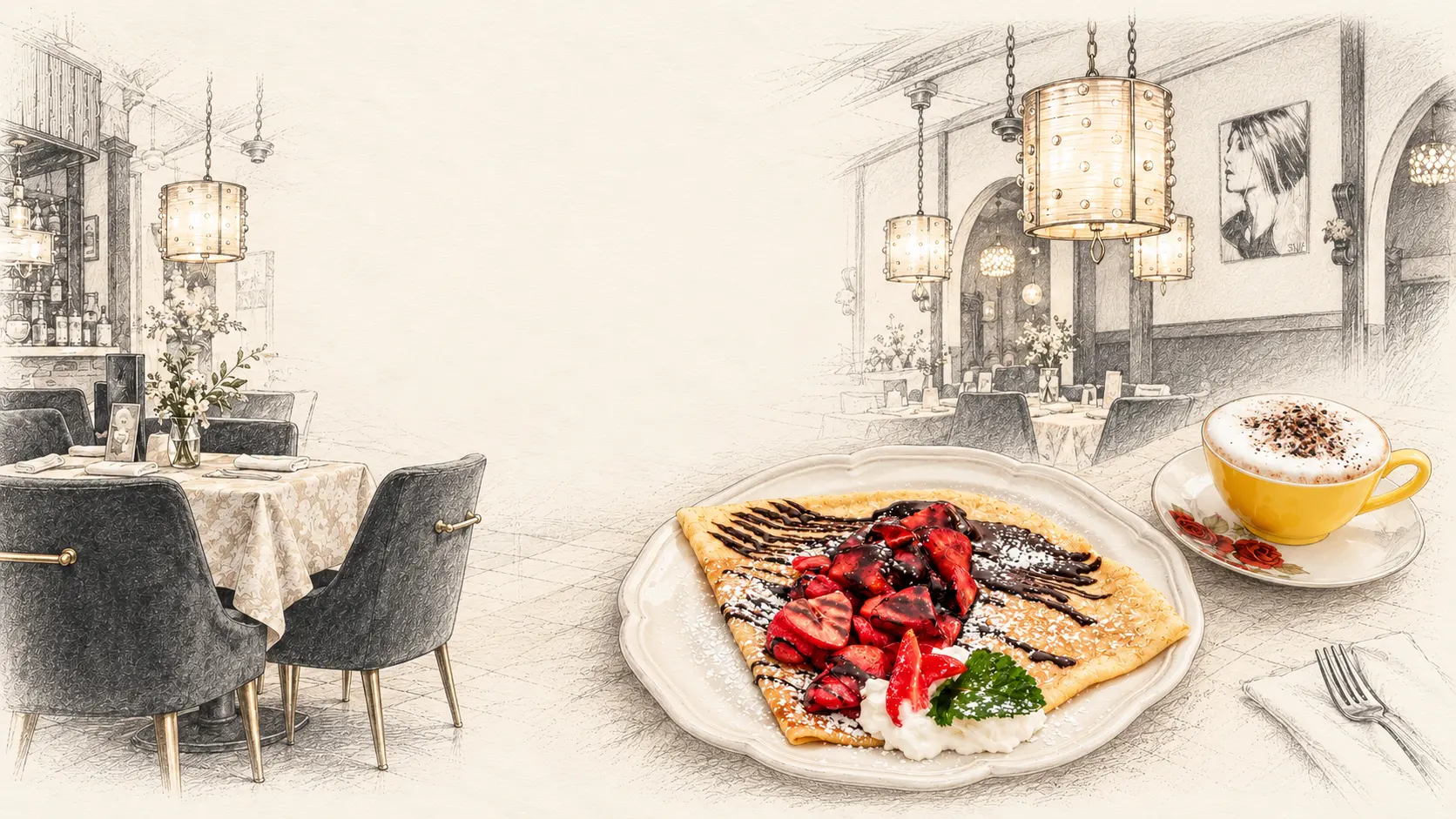 An illustration inspired by our bistro: soft grey sketches of our dining room, pendant lamps and upholstered chairs, with a strawberry crepe and floral teacup